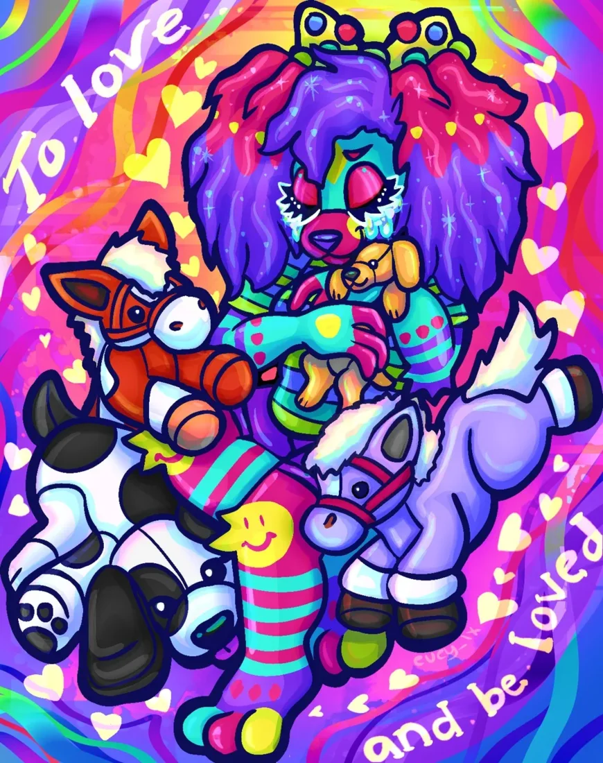 Colorful artwork of one of Evey's original characters surrounded by beloved childhood stuffed animals